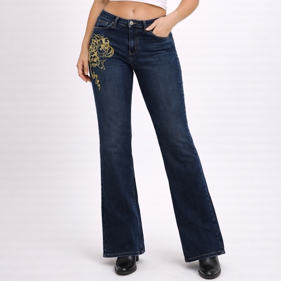 Crest Jeans Denim - Crest Jeans Bootcut Dark Wash Embroidered Gold Detail Women’s Size 7/8 Stretch